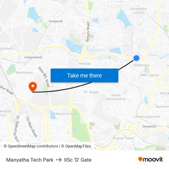 Manyatha Tech Park to IISc 'D' Gate map