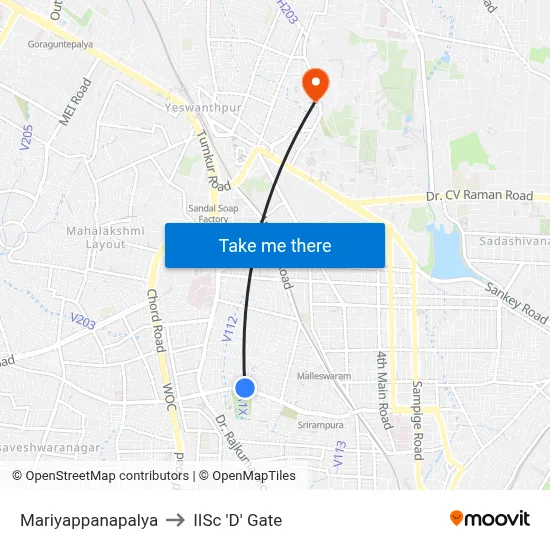 Mariyappanapalya to IISc 'D' Gate map