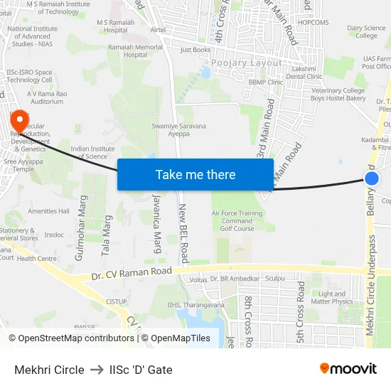 Mekhri Circle to IISc 'D' Gate map