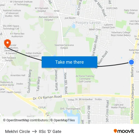Mekhri Circle to IISc 'D' Gate map