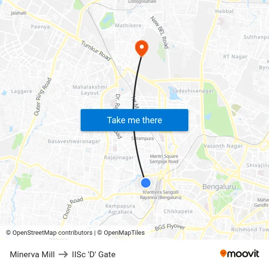 Minerva Mill to IISc 'D' Gate map