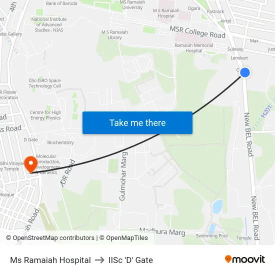 Ms Ramaiah Hospital to IISc 'D' Gate map