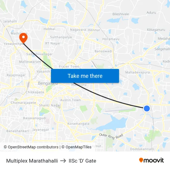 Multiplex Marathahalli to IISc 'D' Gate map