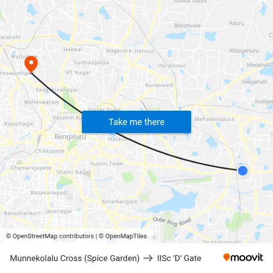 Munnekolalu Cross (Spice Garden) to IISc 'D' Gate map