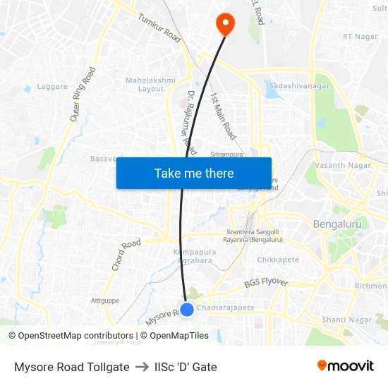 Mysore Road Tollgate to IISc 'D' Gate map