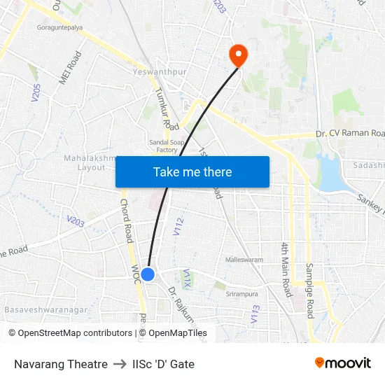 Navarang Theatre to IISc 'D' Gate map