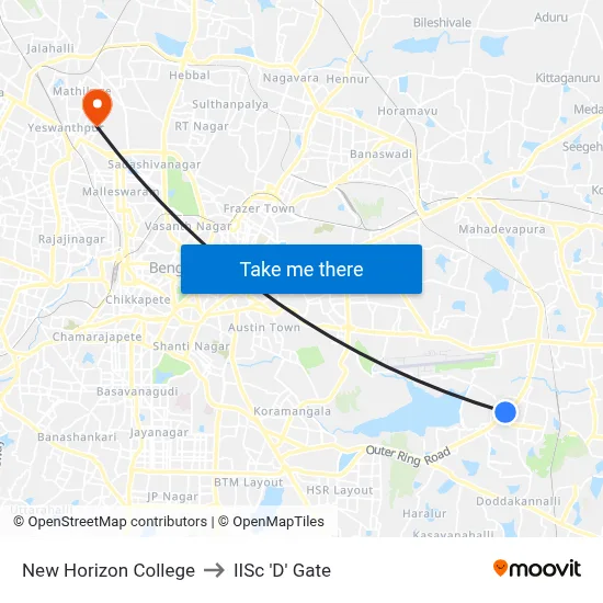 New Horizon College to IISc 'D' Gate map