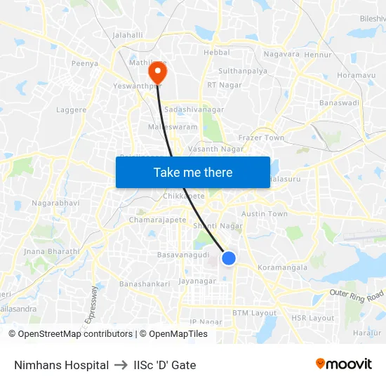Nimhans Hospital to IISc 'D' Gate map