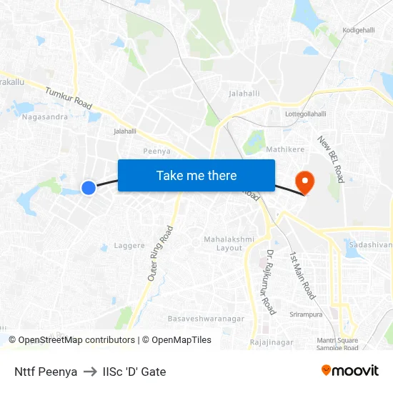 Nttf Peenya to IISc 'D' Gate map