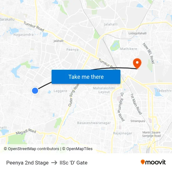 Peenya 2nd Stage to IISc 'D' Gate map