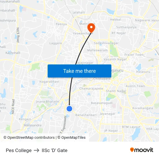 Pes College to IISc 'D' Gate map