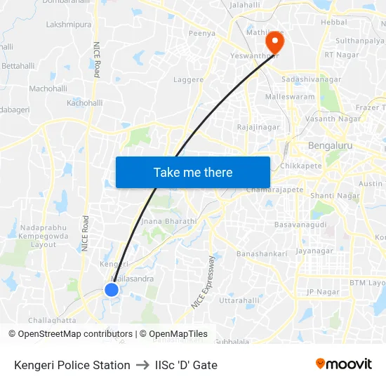 Kengeri Police Station to IISc 'D' Gate map