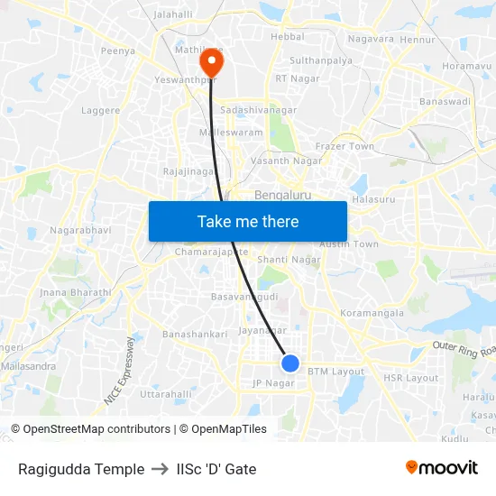 Ragigudda Temple to IISc 'D' Gate map