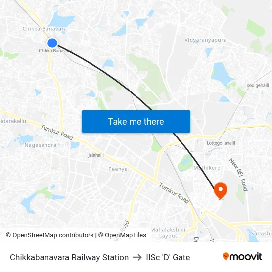 Chikkabanavara Railway Station to IISc 'D' Gate map