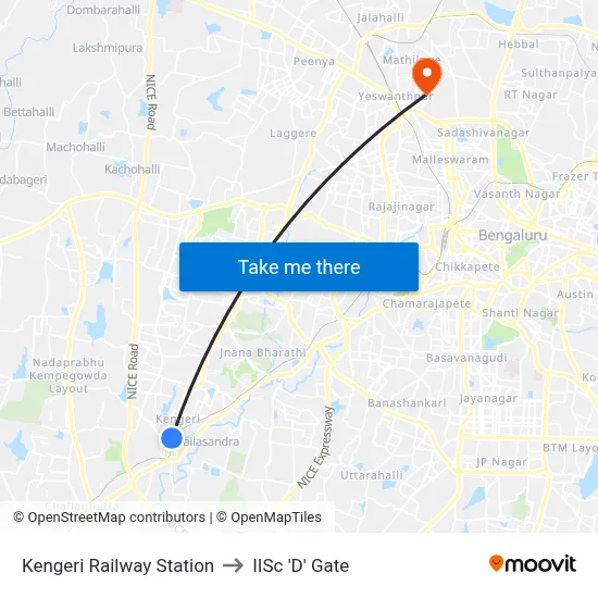 Kengeri Railway Station to IISc 'D' Gate map