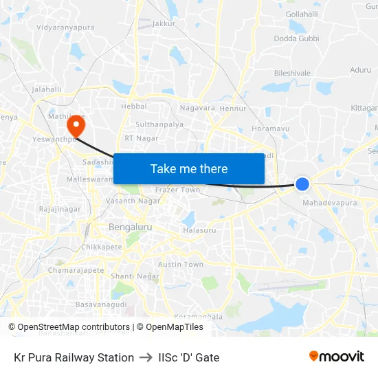 Kr Pura Railway Station to IISc 'D' Gate map