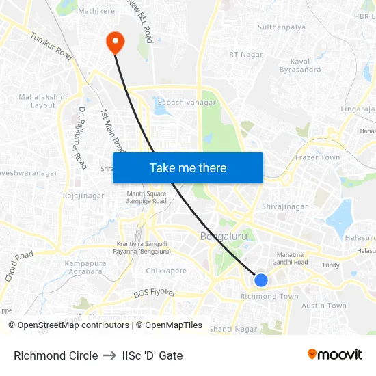 Richmond Circle to IISc 'D' Gate map