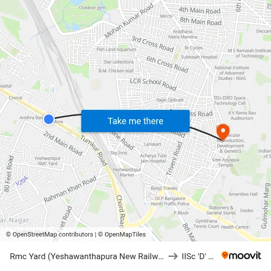 Rmc Yard (Yeshawanthapura New Railway Station) to IISc 'D' Gate map