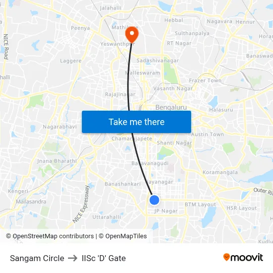 Sangam Circle to IISc 'D' Gate map