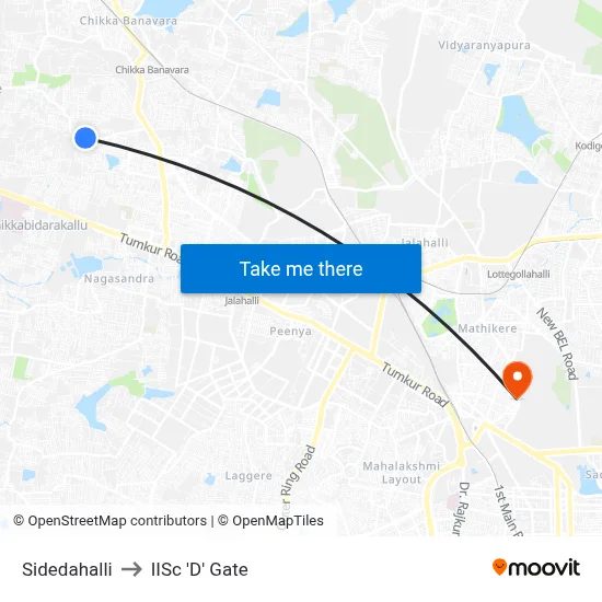 Sidedahalli to IISc 'D' Gate map