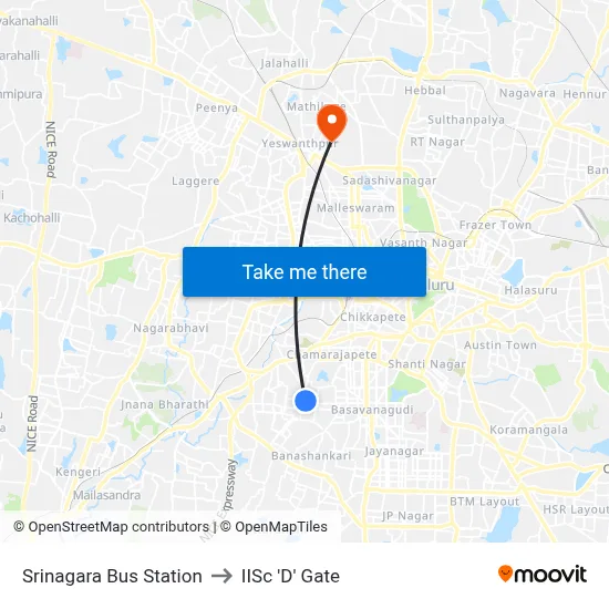 Srinagara Bus Station to IISc 'D' Gate map