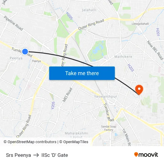Srs Peenya to IISc 'D' Gate map