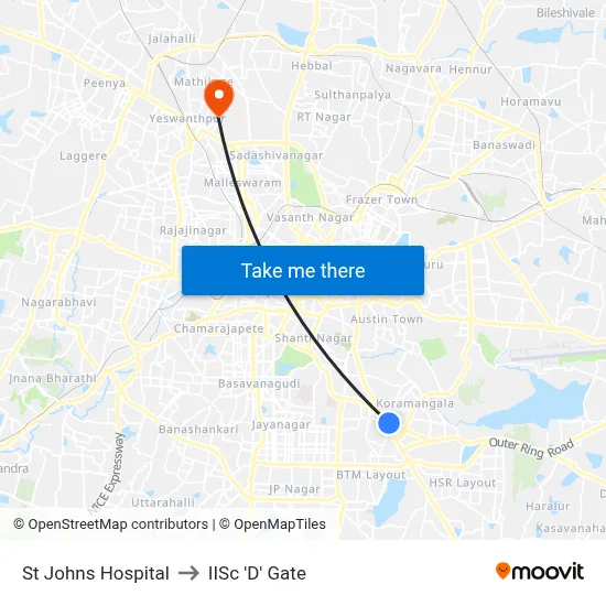St Johns Hospital to IISc 'D' Gate map