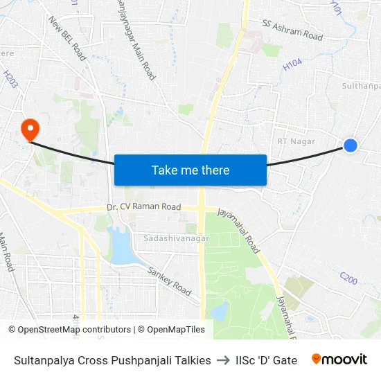 Sultanpalya Cross Pushpanjali Talkies to IISc 'D' Gate map