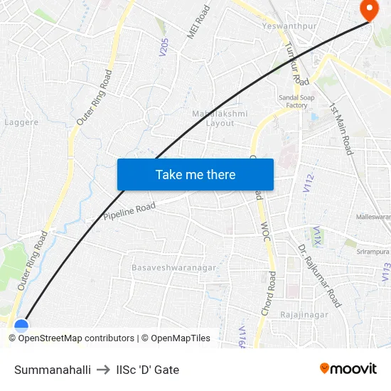 Summanahalli to IISc 'D' Gate map