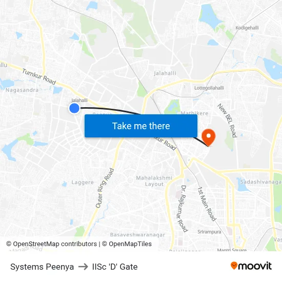 Systems Peenya to IISc 'D' Gate map