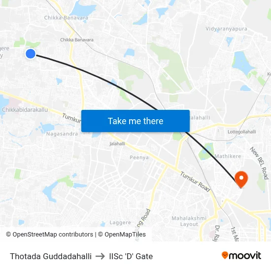 Thotada Guddadahalli to IISc 'D' Gate map