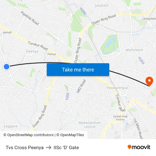 Tvs Cross Peenya to IISc 'D' Gate map