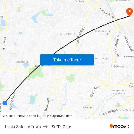 Ullala Satelite Town to IISc 'D' Gate map