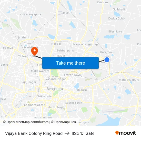 Vijaya Bank Colony Ring Road to IISc 'D' Gate map