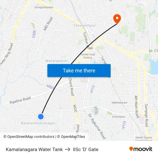 Kamalanagara Water Tank to IISc 'D' Gate map