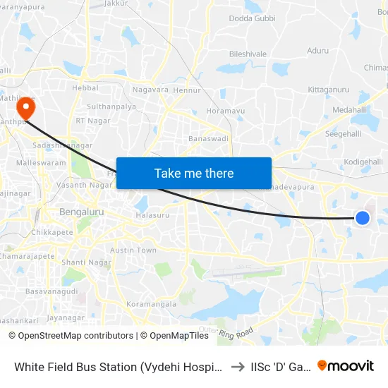 White Field Bus Station (Vydehi Hospital) to IISc 'D' Gate map
