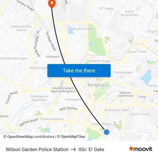 Wilson Garden Police Station to IISc 'D' Gate map
