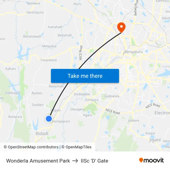 Wonderla Amusement Park to IISc 'D' Gate map