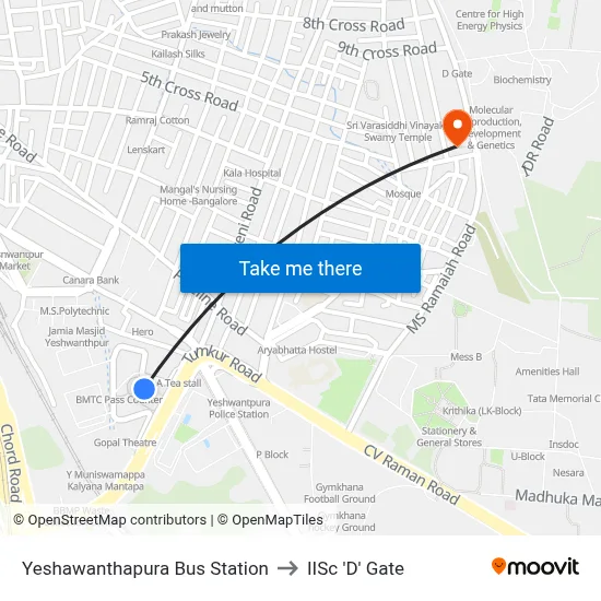 Yeshawanthapura Bus Station to IISc 'D' Gate map