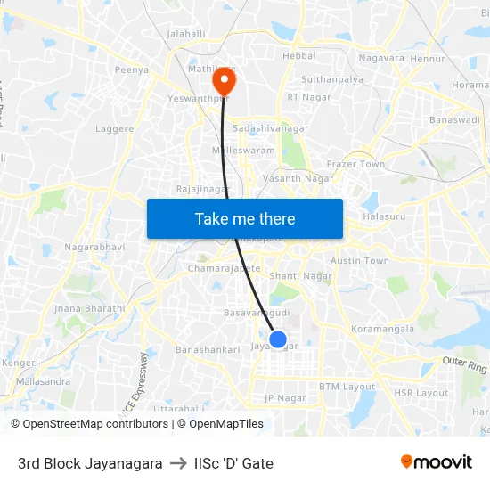 3rd Block Jayanagara to IISc 'D' Gate map