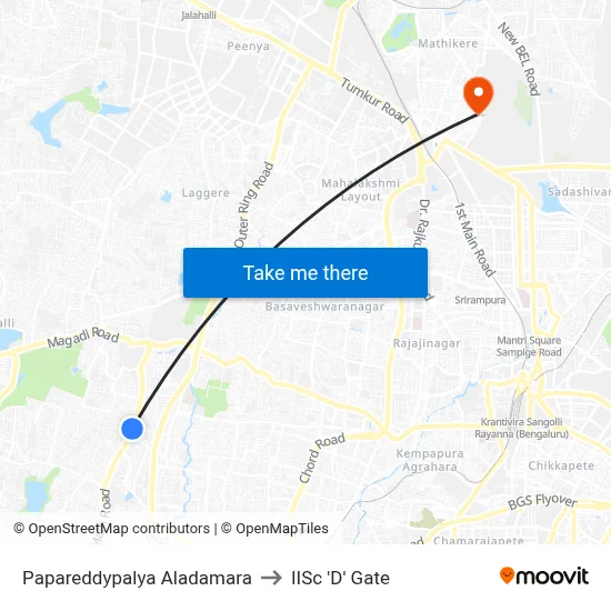 Papareddypalya Aladamara to IISc 'D' Gate map