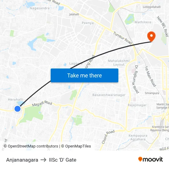 Anjananagara to IISc 'D' Gate map