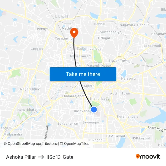 Ashoka Pillar to IISc 'D' Gate map