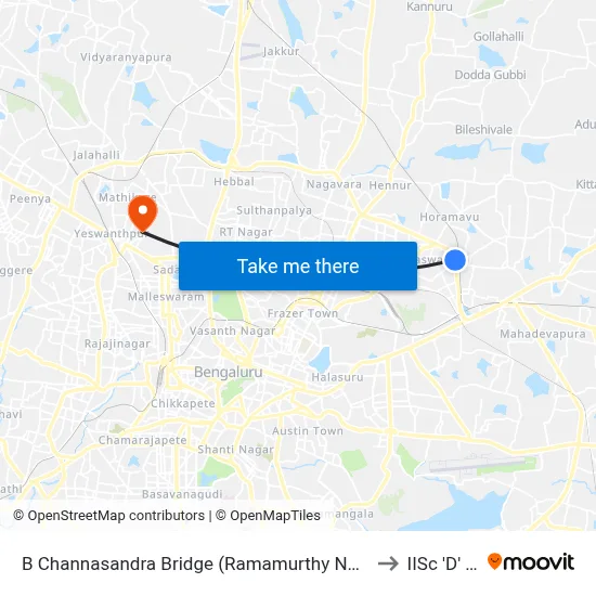 B Channasandra Bridge (Ramamurthy Nagara Ring Road) to IISc 'D' Gate map