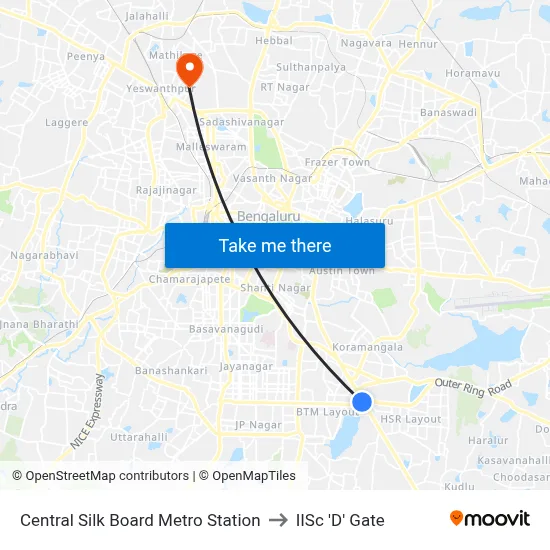 Central Silk Board Metro Station to IISc 'D' Gate map