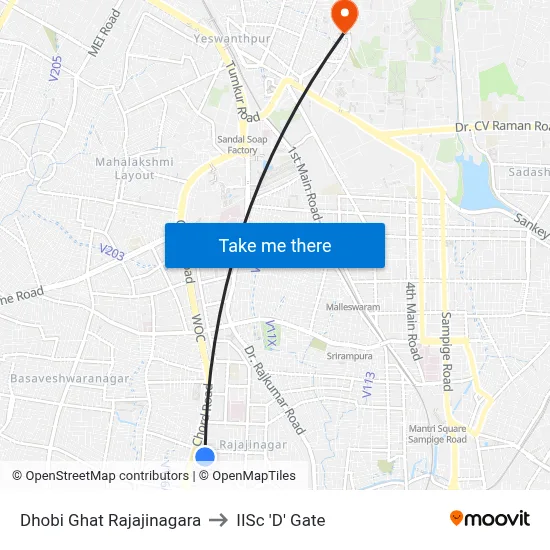 Dhobi Ghat Rajajinagara to IISc 'D' Gate map
