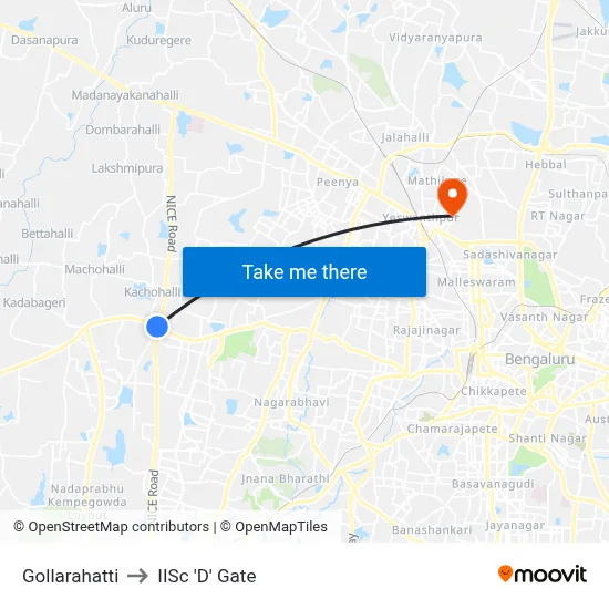Gollarahatti to IISc 'D' Gate map