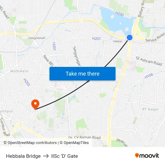 Hebbala Bridge to IISc 'D' Gate map