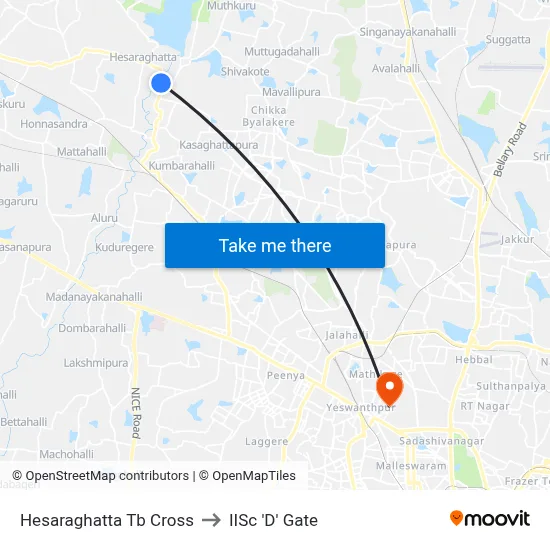 Hesaraghatta Tb Cross to IISc 'D' Gate map