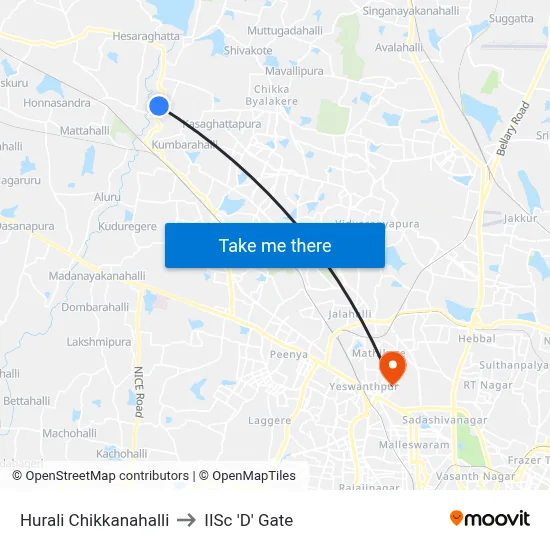Hurali Chikkanahalli to IISc 'D' Gate map